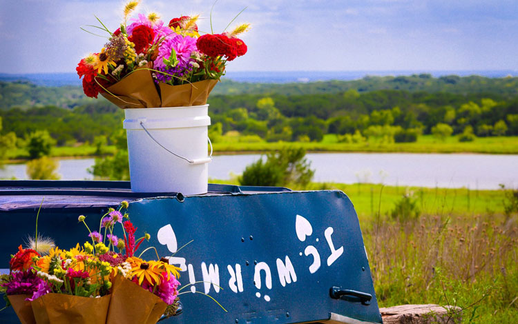 Two buckets of flowers sitting on a boat.